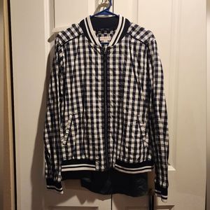 Merona Women's navy gingham plaid zip up bomber jacket size XXL
